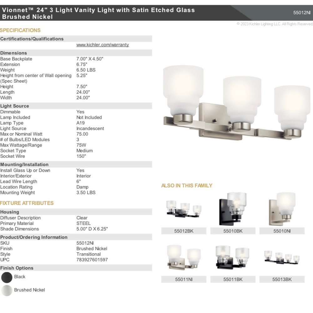 New Vionnet™ 24" 3 Light Vanity Light with Satin Etched Glass
Brushed Nickel